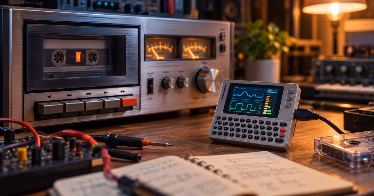 M5Stack Cardputer monitoring a vintage cassette deck on an electronics workbench, illustrating modern telemetry and diagnostics for classic equipment.