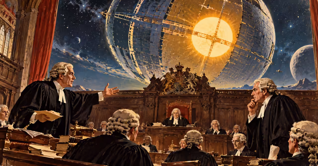 English courtroom with bewigged lawyers arguing beneath a colossal Dyson Sphere surrounding a blazing star, illustrated in 1950s retro-futurist style.