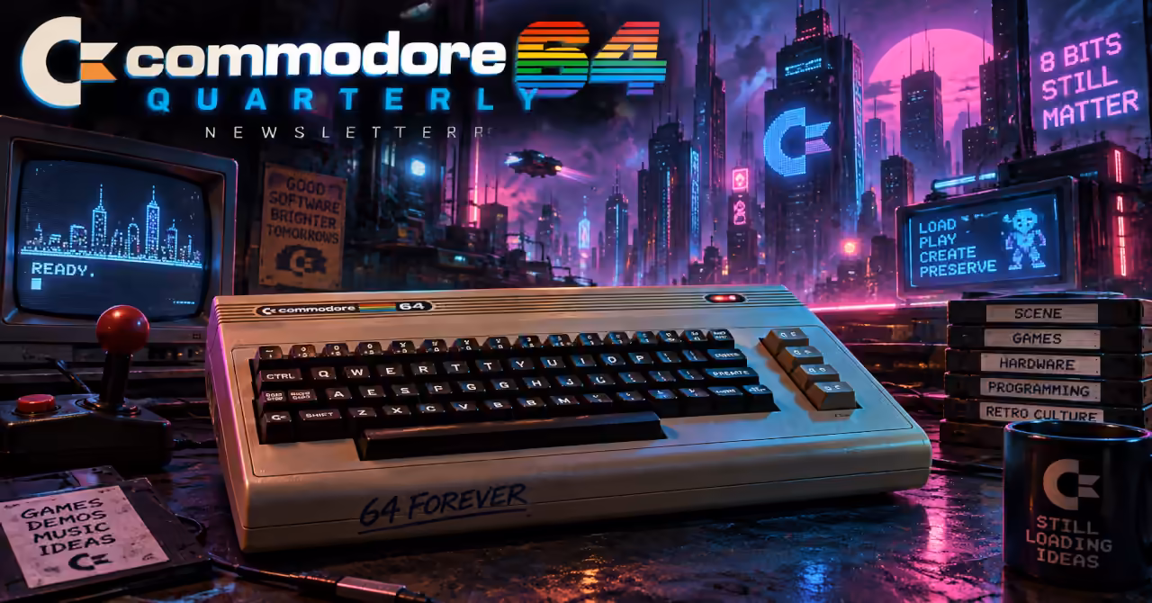 Cyberpunk Commodore 64 workstation with joystick and CRT displays overlooking a neon futuristic city for the Commodore 64 Quarterly Newsletter.