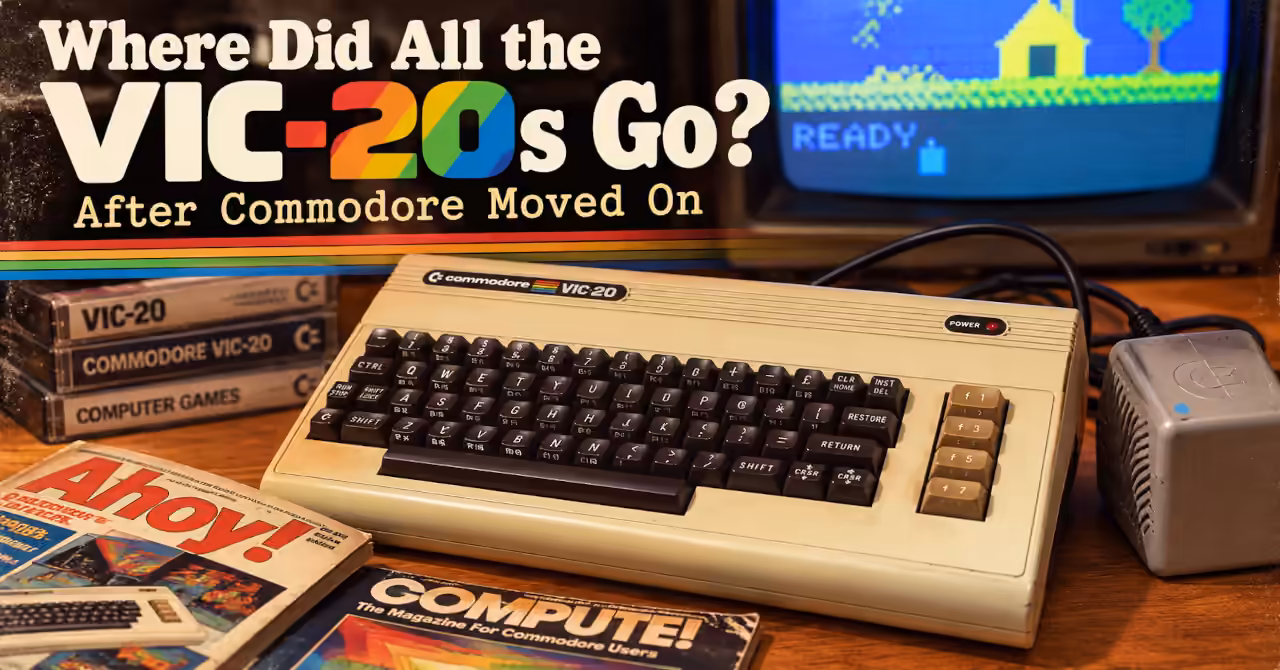 Commodore VIC-20 with original power supply, CRT display, software tapes and vintage computer magazines on a warm 1980s-style desk.