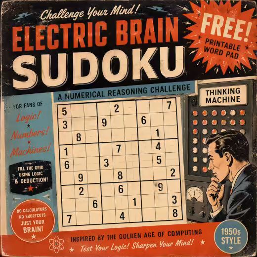 Retro 1950s style Electric Brain Sudoku printable puzzle poster with numerical reasoning challenge and FREE download badge