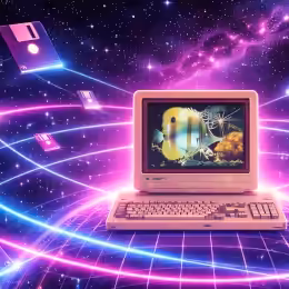 Surreal synthwave scene of a glowing Commodore Amiga surrounded by orbiting floppy disks in a neon night sky.