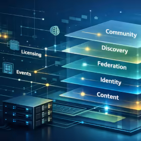 Isometric server stack with layered planes linked by glowing network lines