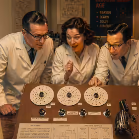 GENIAC analogue computer kit with switches, wires, and glowing bulbs demonstrating electric brain logic