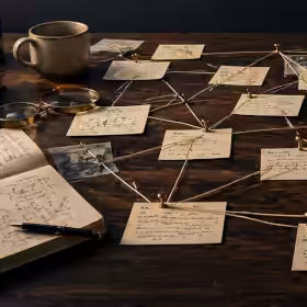 Desk with notes, books, and article cards connected by threads to suggest an evolving Idea Mesh