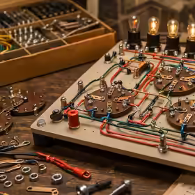 Vintage GENIAC analogue computer kit with glowing bulbs, exposed wiring, rotary switches, and circuit diagrams on a mid-century workbench.