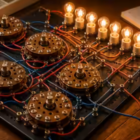 Vintage GENIAC-style logic kit with rotary switches, coloured wires, brass contacts, glowing bulbs and a battery on a wooden workbench.