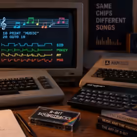 Retro 8-bit computers with glowing CRT displays, sound waveforms and music hardware representing early computer music