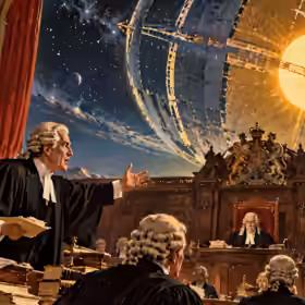 English courtroom with bewigged lawyers arguing beneath a colossal Dyson Sphere surrounding a blazing star
