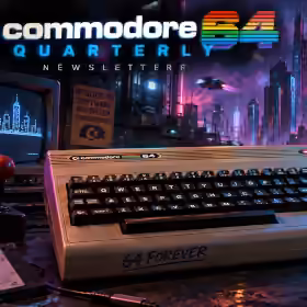 Cyberpunk Commodore 64 workstation with joystick and CRT displays overlooking a neon futuristic city