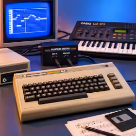 Commodore 64 MIDI workstation with Passport interface, Casio CZ-101 synthesizer and CRT sequencer display