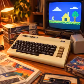 Commodore VIC-20 home computer with original power supply and vintage computing accessories