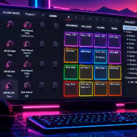MPC software on a widescreen monitor in a neon synthwave studio